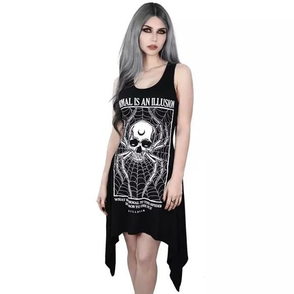 Killstar Dresses & Skirts - Killstar Illusion Laced Up Tank Dress Black Spider Shark Bite Hem Soft Goth S